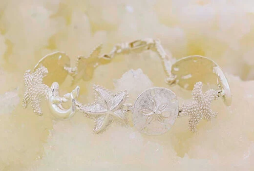 White Gold Sea Life Charm Bracelet – Starfish, Dolphins & Sand Dollars in 10k, 14k, 18k White and Yellow Gold, Sterling Silver