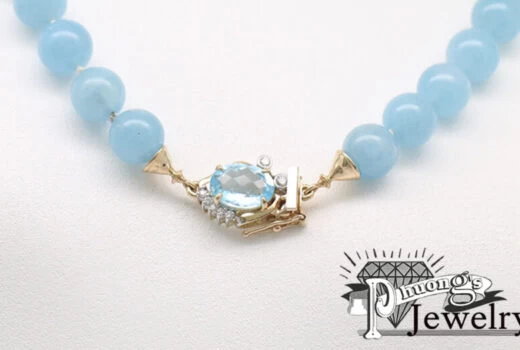 Luxury Aquamarine Bead Necklace Featuring Phuong Goldsmith’s Exclusive Lock Design